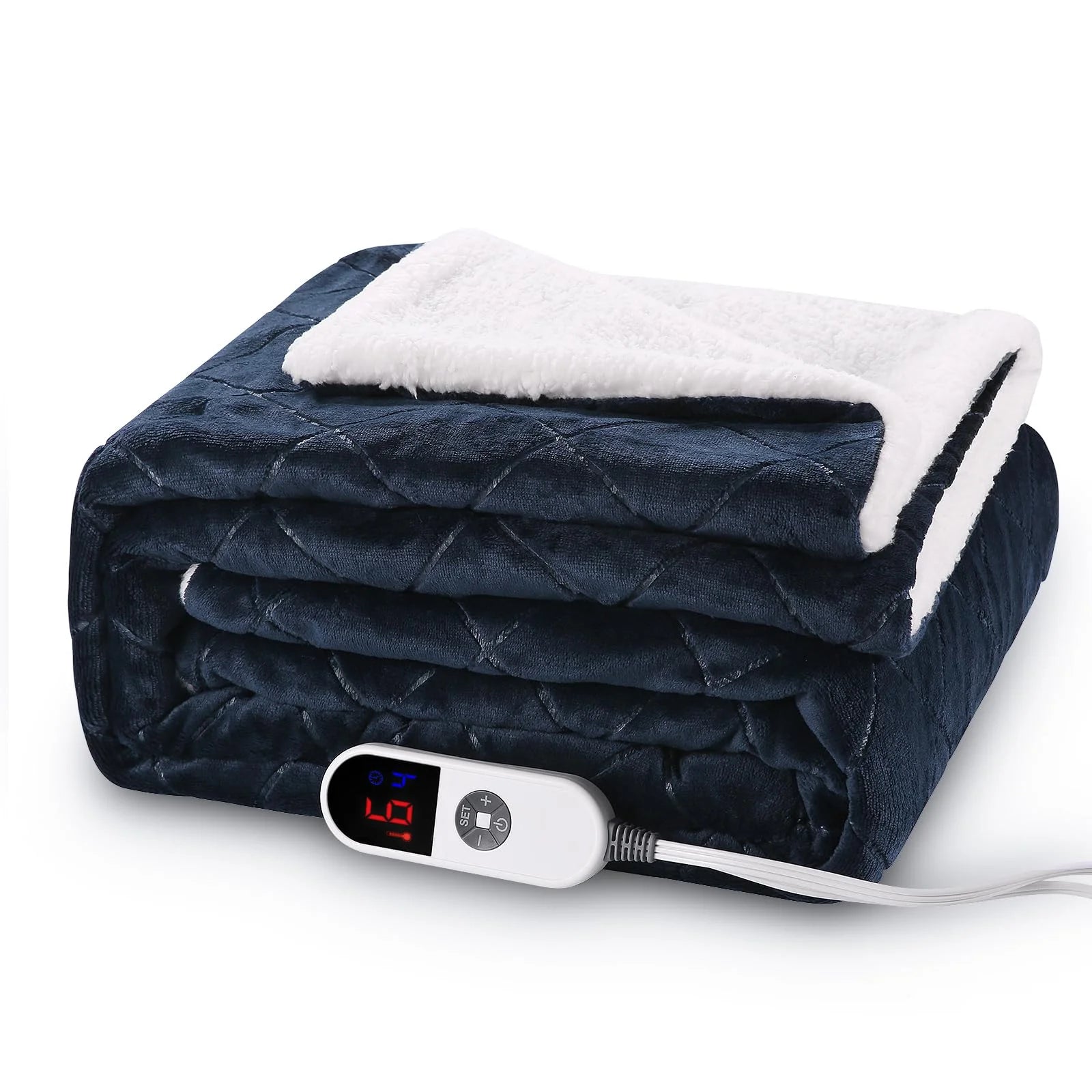 Electric Heated Throw Blanket with 6 Heating Levels, 4 Timers, Dark Blue Flannel & Sherpa 50"x60" S57859