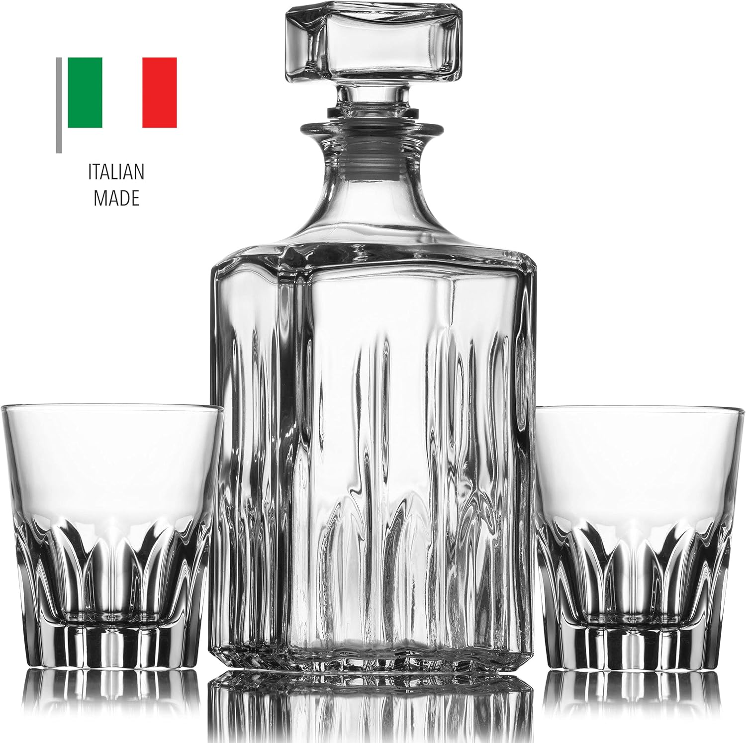 Whiskey Decanter and 2 Glasses Bar Set, Italian Made for Liquor Scotch Bourbon Vodka V679