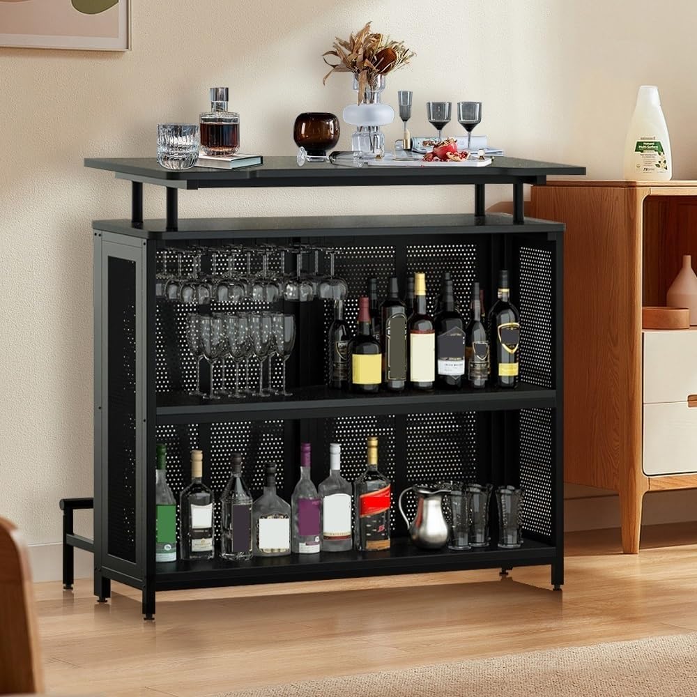 Industrial 3-Tier Liquor Bar Table with Stemware Rack T12670