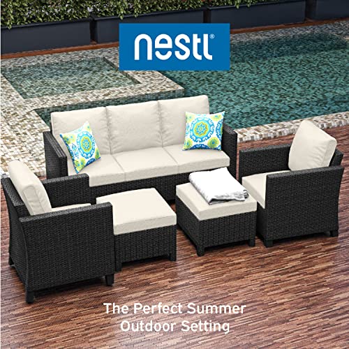 Outdoor Patio Sectional Furniture Set, 5 Piece, Brown Wicker with Beige Cushions Q713016
