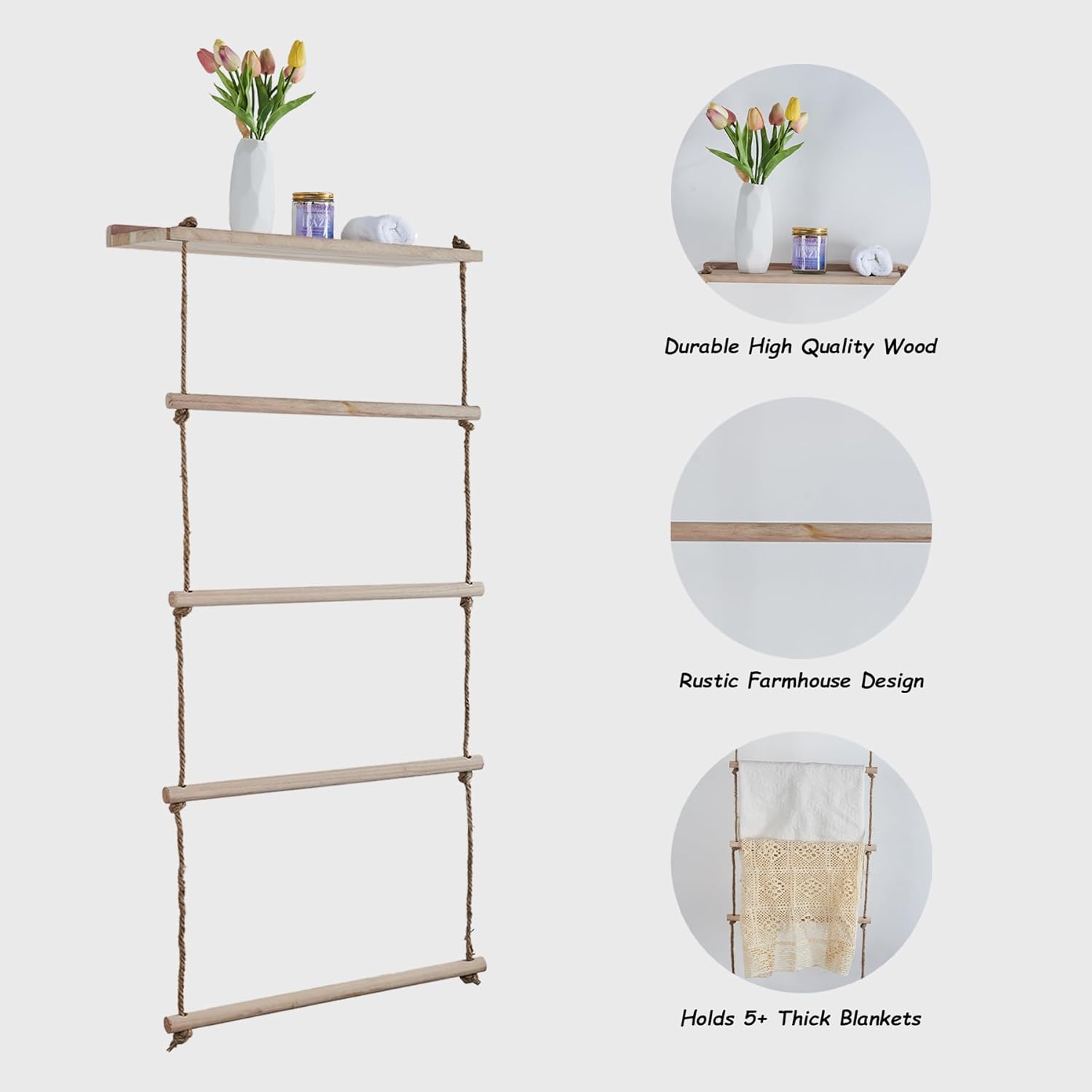 Wooden Blanket Ladder for Living Room, Bedroom, and Bathroom W177498