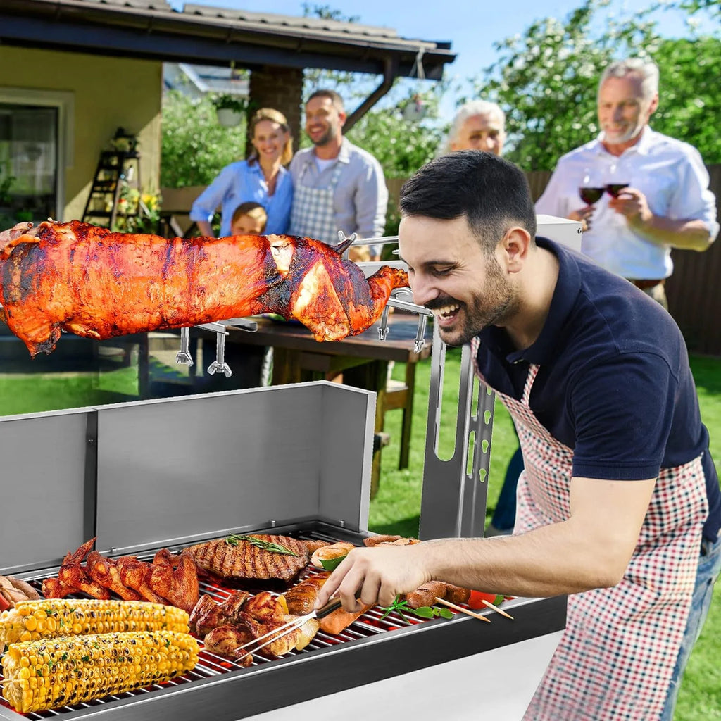 Stainless Steel Rotisserie Grill with Back Cover Guard, 25W Motor, 37" Charcoal BBQ C3467