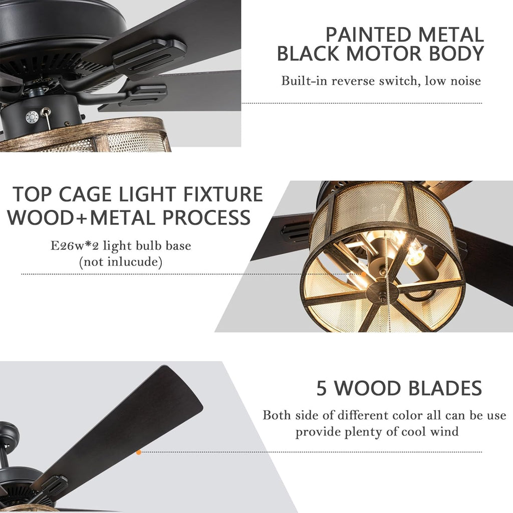 52" Farmhouse Ceiling Fan with Lights, Remote Control, 5 Reverse Blades, Quiet Motor, 3 Speed, Matte Black K2319