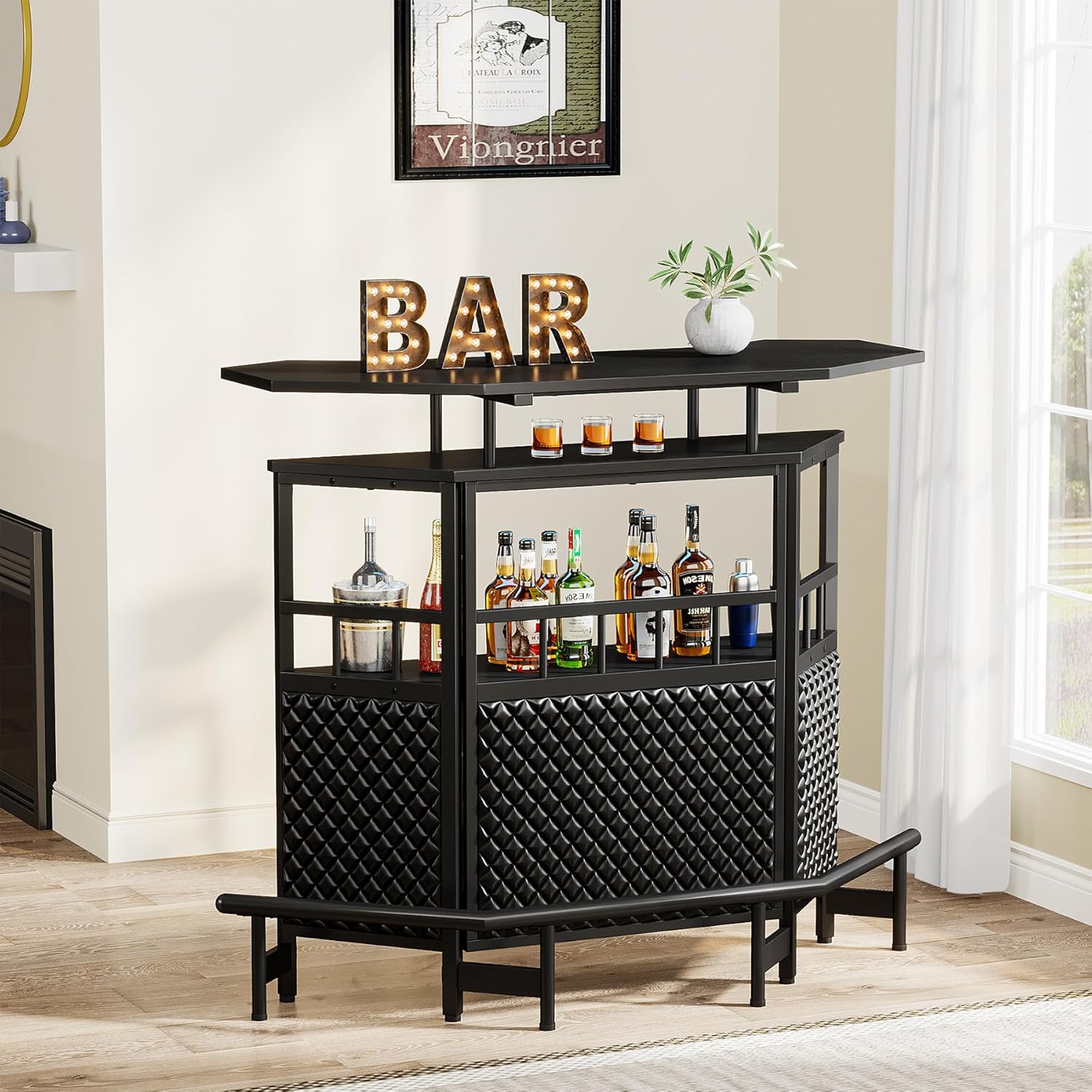 4 Tier Home Bar Cabinet with Stemware Rack and Footrest Y1184