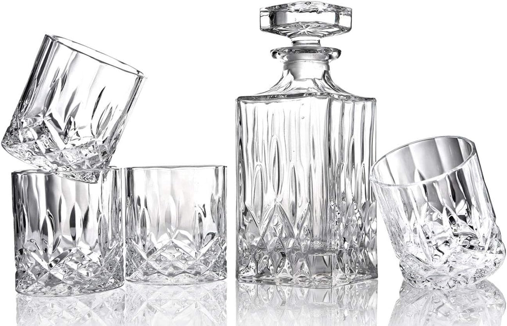 Italian Crafted Glass Whiskey Decanter Set with 4 Old Fashioned Glasses M73354