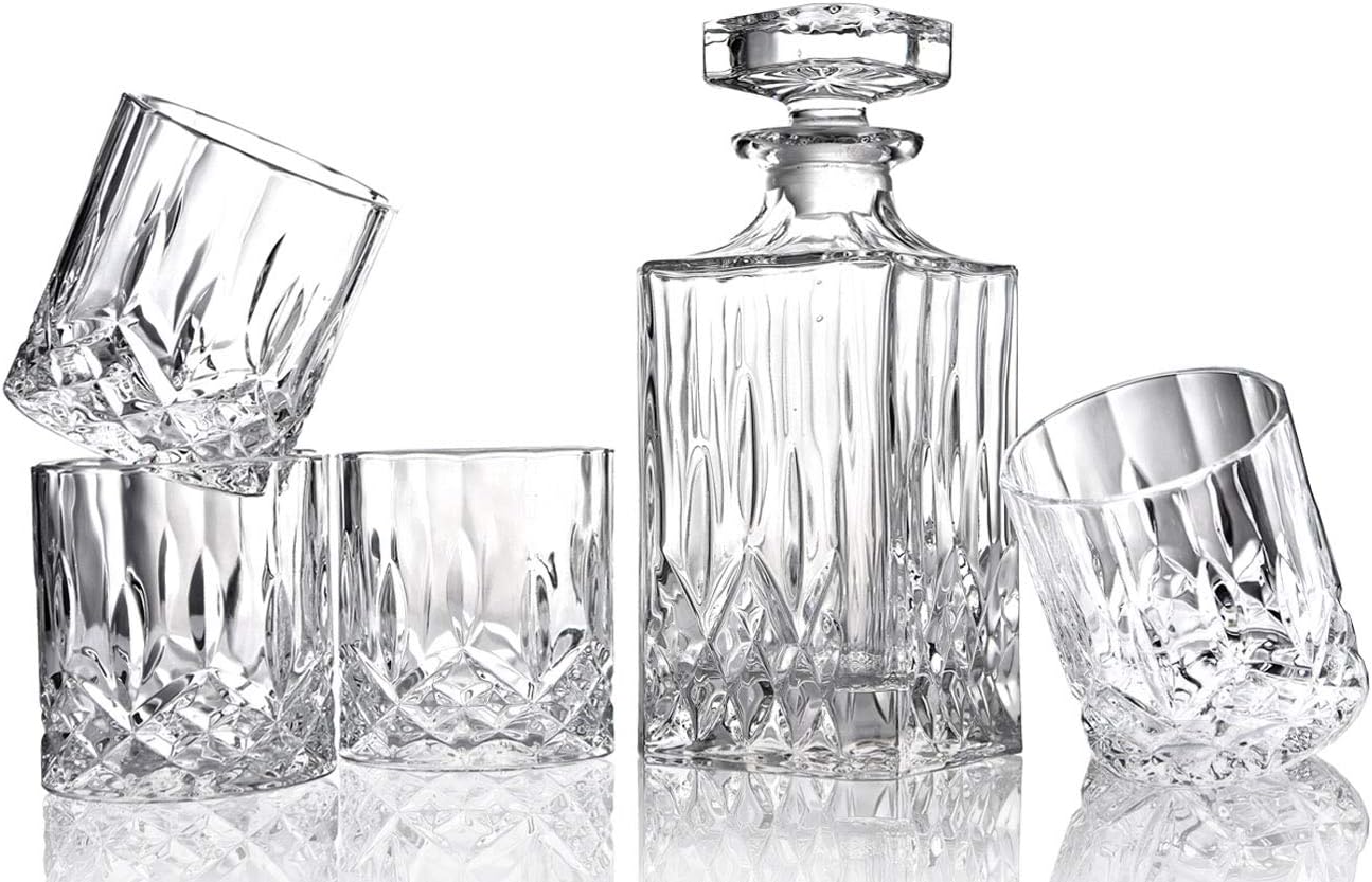 Italian Crafted Glass Whiskey Decanter Set with 4 Old Fashioned Glasses M73354