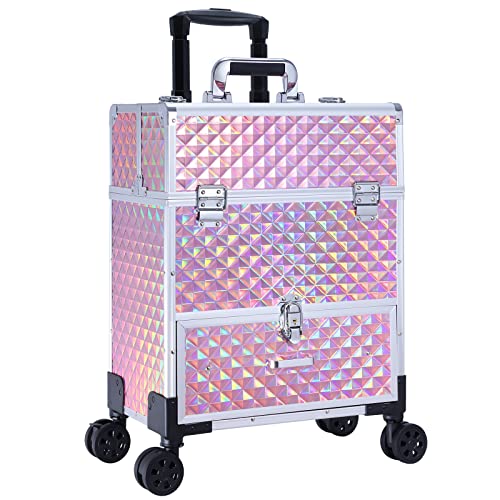 Adazzo Professional Rolling Makeup Case for Makeup Artists Multi-functional Cosmetic Train Case Large Storage Case for Nail Technicians Cosmetology Case with Compartments for Hairstylist