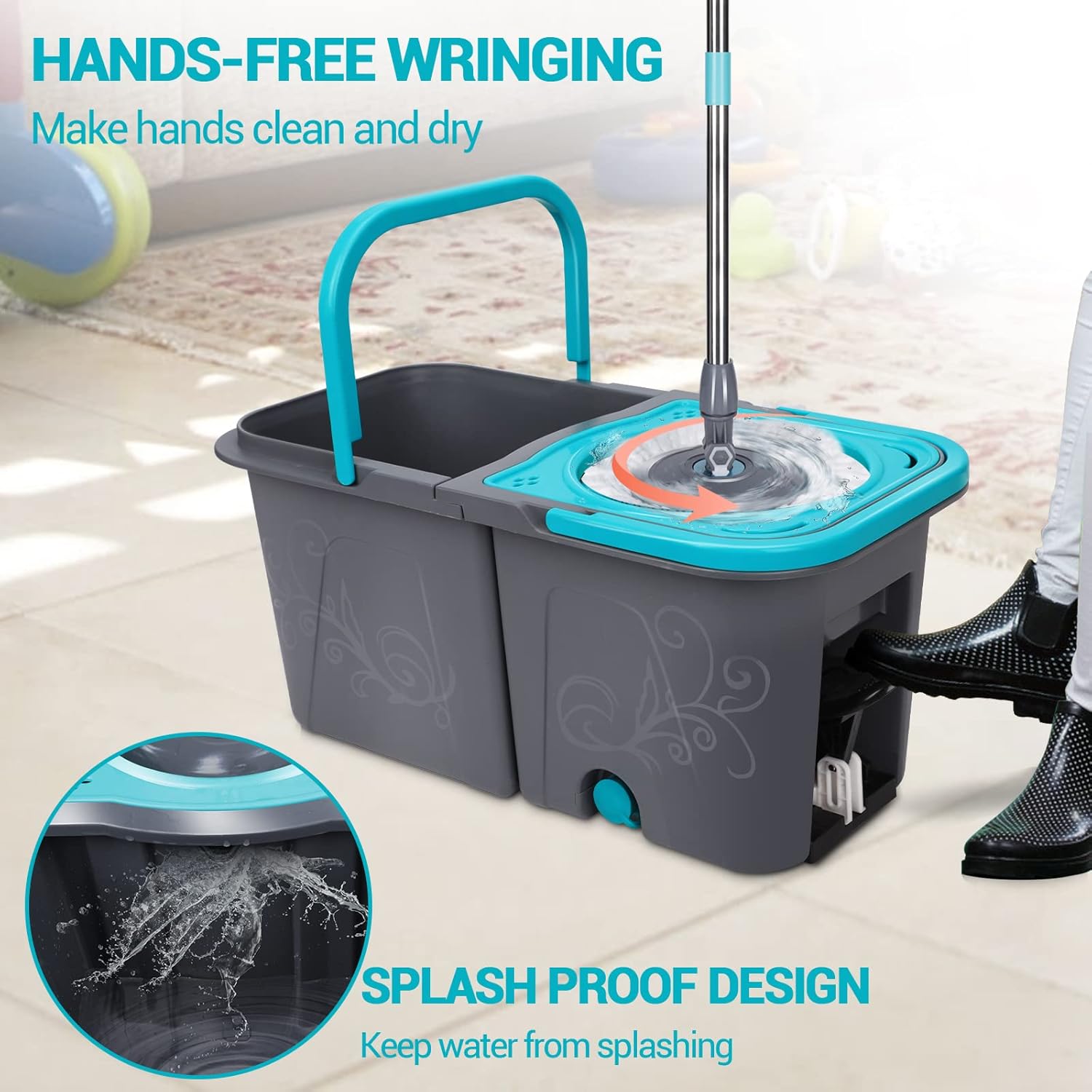 Spin Mop and Bucket with Wringer Set, Microfiber Floor Cleaning System with 6 Refills C2536