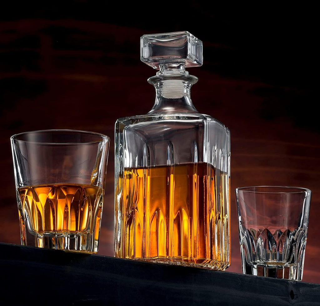Whiskey Decanter and 2 Glasses Bar Set, Italian Made for Liquor Scotch Bourbon Vodka V679