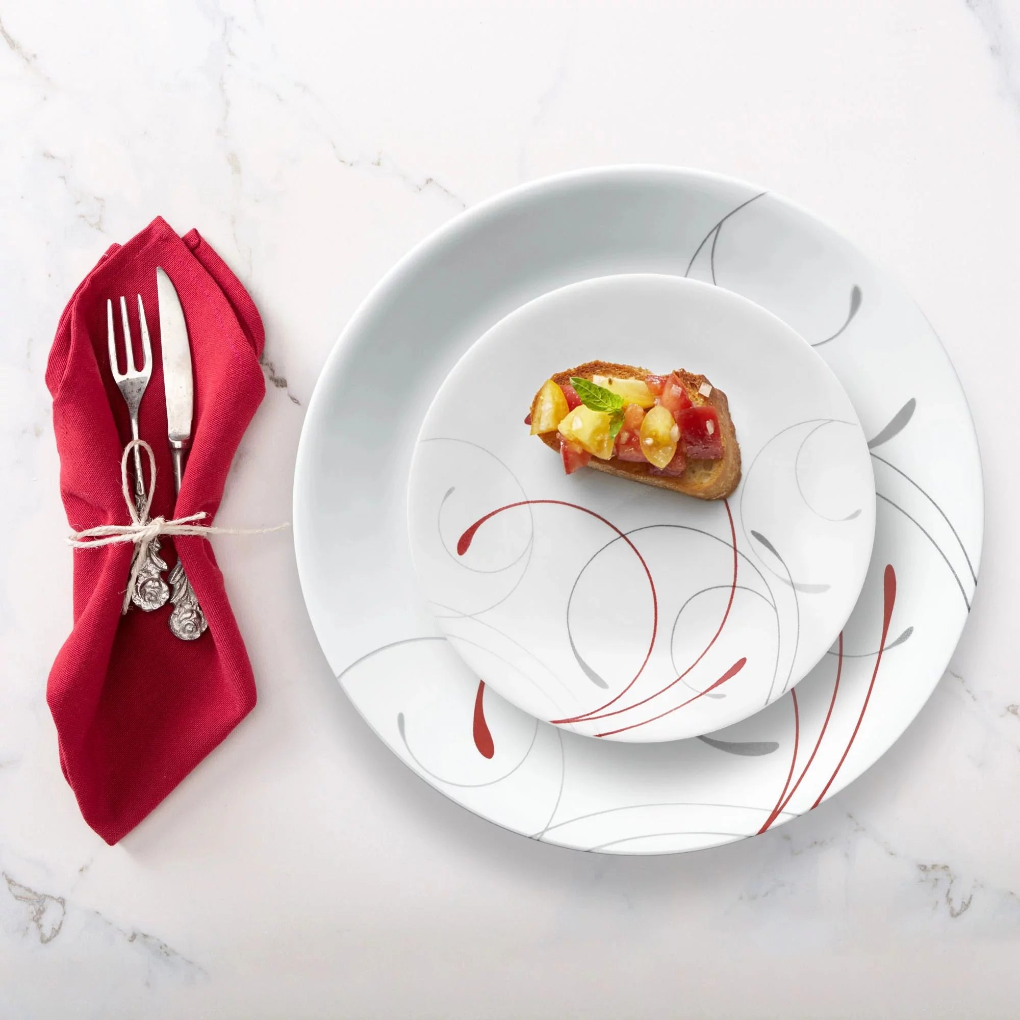 12-Piece White and Red Round Dinnerware Set S276