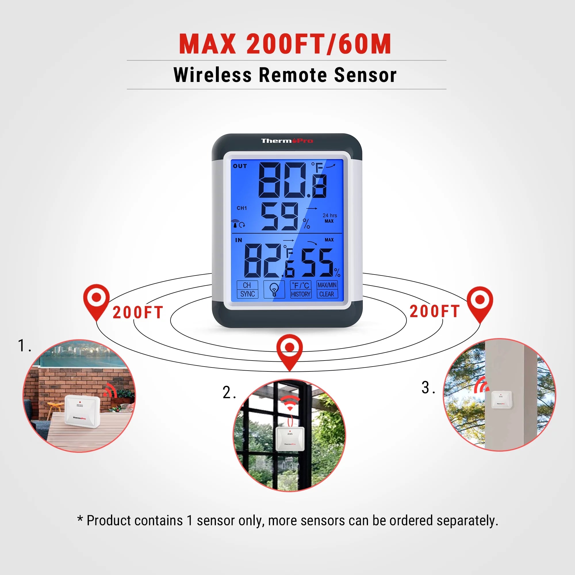 Indoor Outdoor Thermometer Wireless Hygrometer with Touchscreen J874