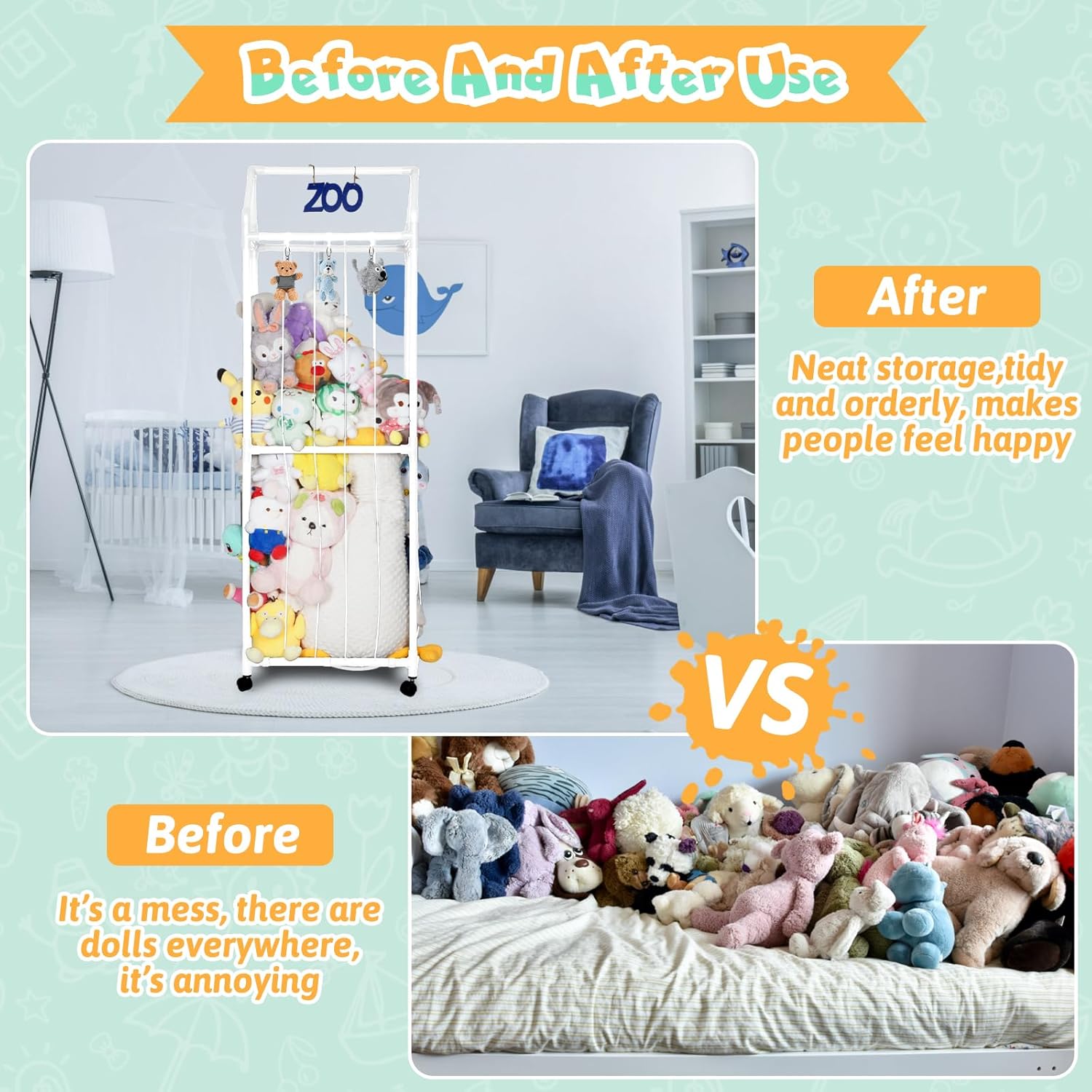 Stuffed Animal Storage Holder with Elastic Net for Bedroom W6939