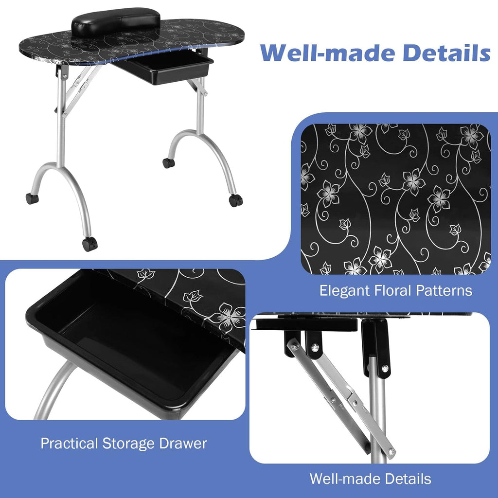 Portable Manicure Table with Drawer, Wrist Rest, Lockable Casters, Carrying Bag L659491