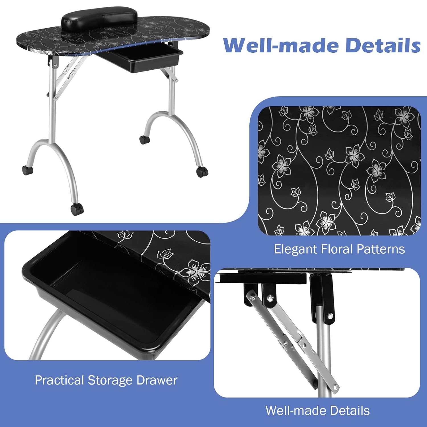Portable Manicure Table with Drawer, Wrist Rest, Lockable Casters, Carrying Bag L659491