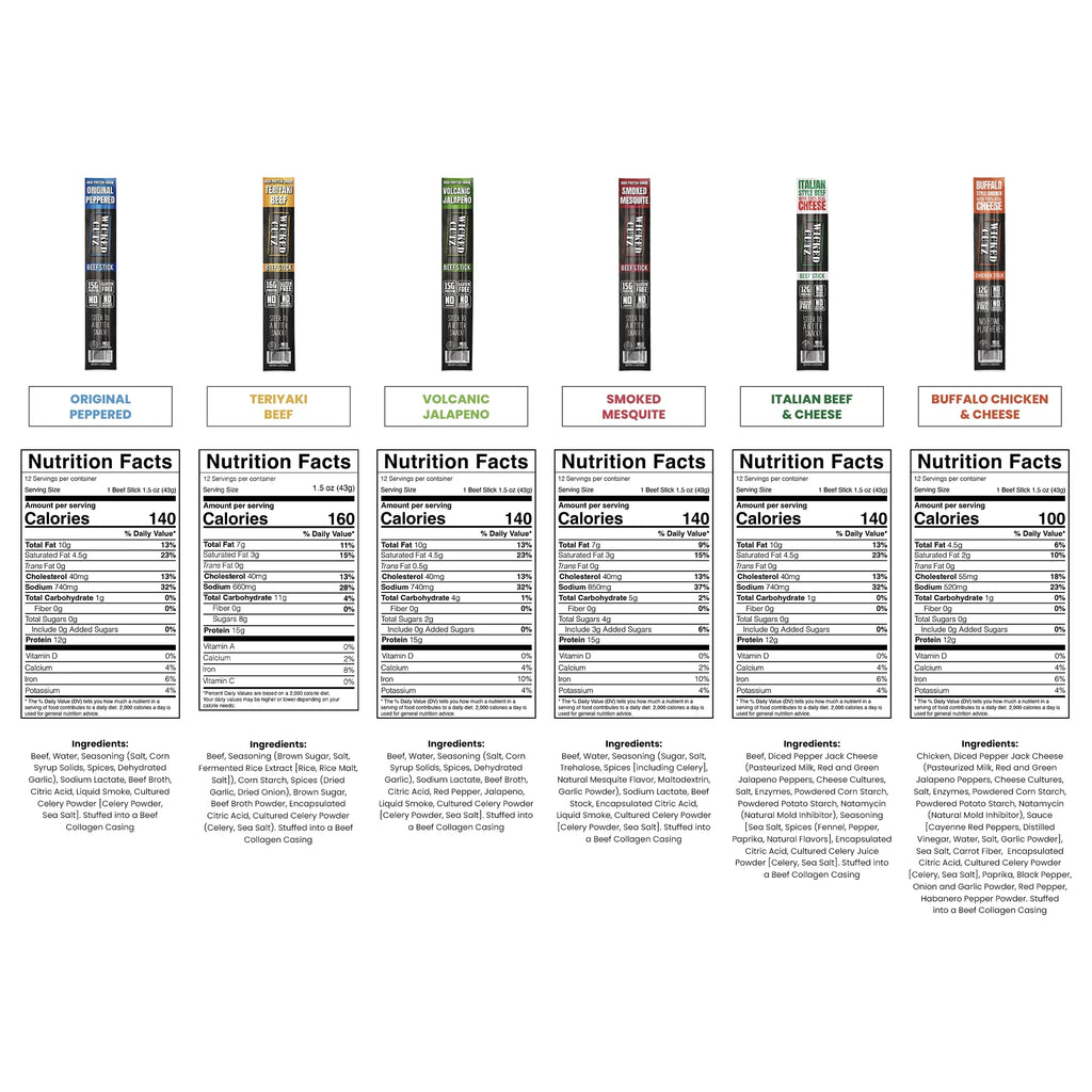 Beef Jerky Sticks, Protein-Rich, 6-Flavor Variety Pack, 18-Pack F114469