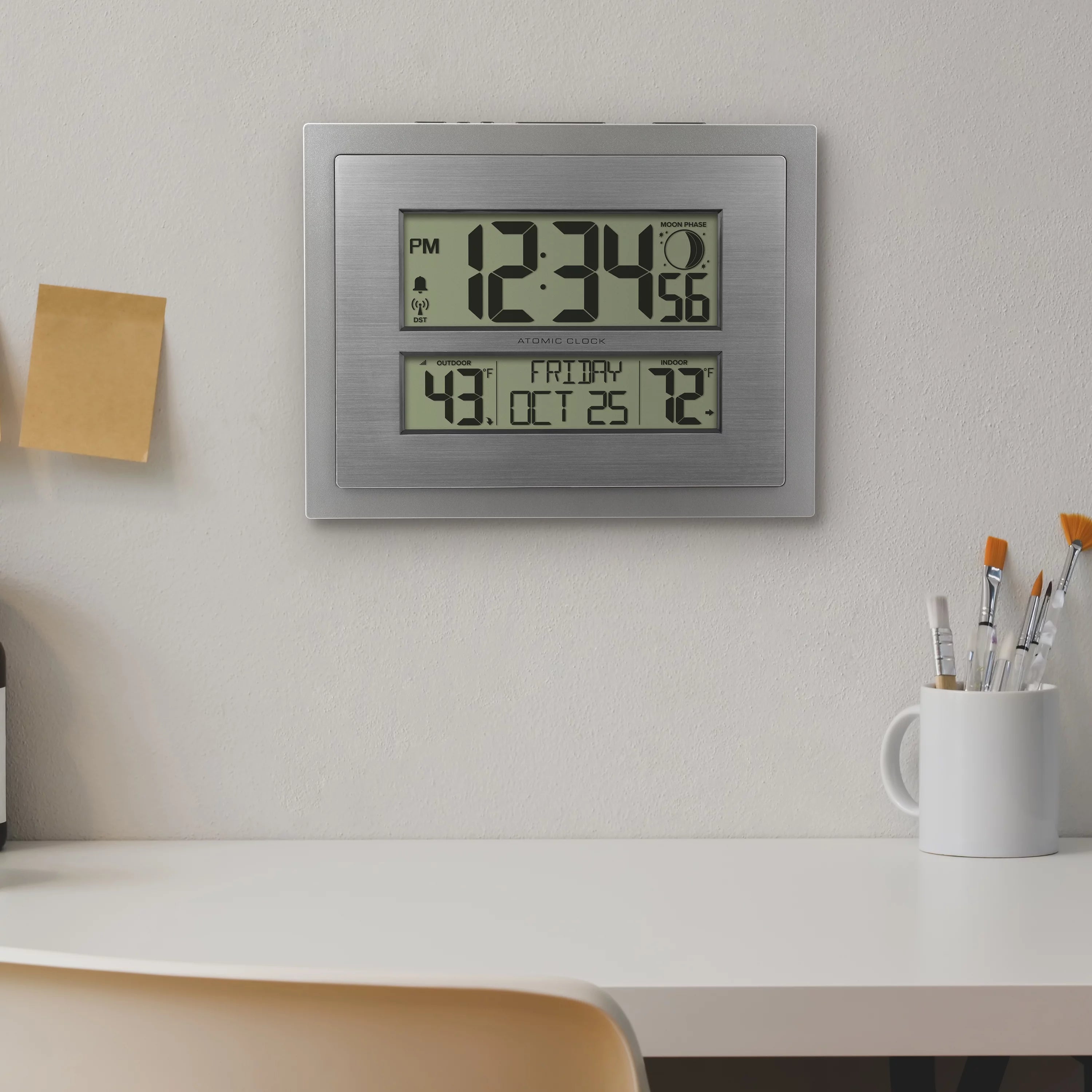 Silver Atomic Wall Clock with Moon Phase and Calendar I6197