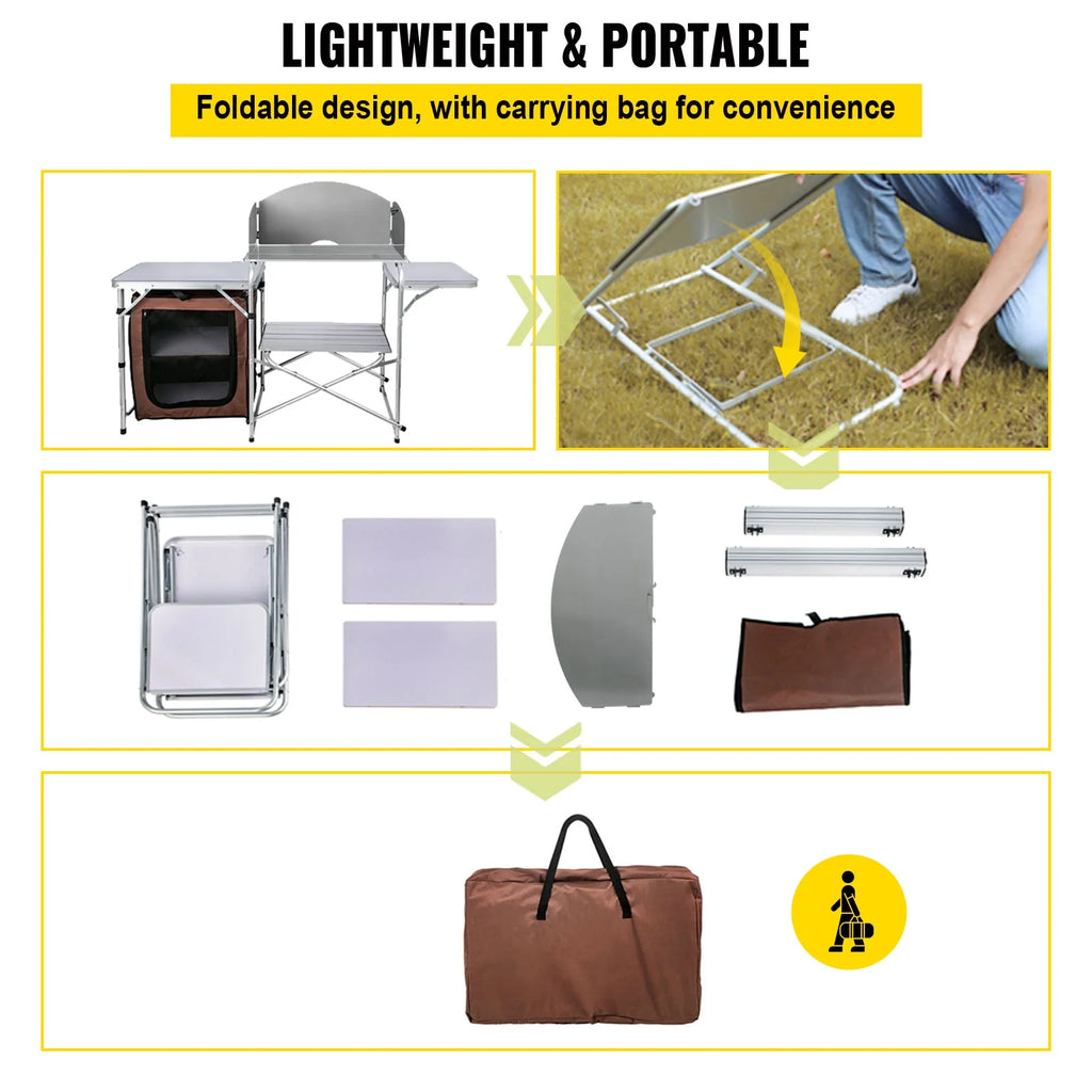 Portable Folding Camp Cook Table with Windshield and Storage Organizer W100369