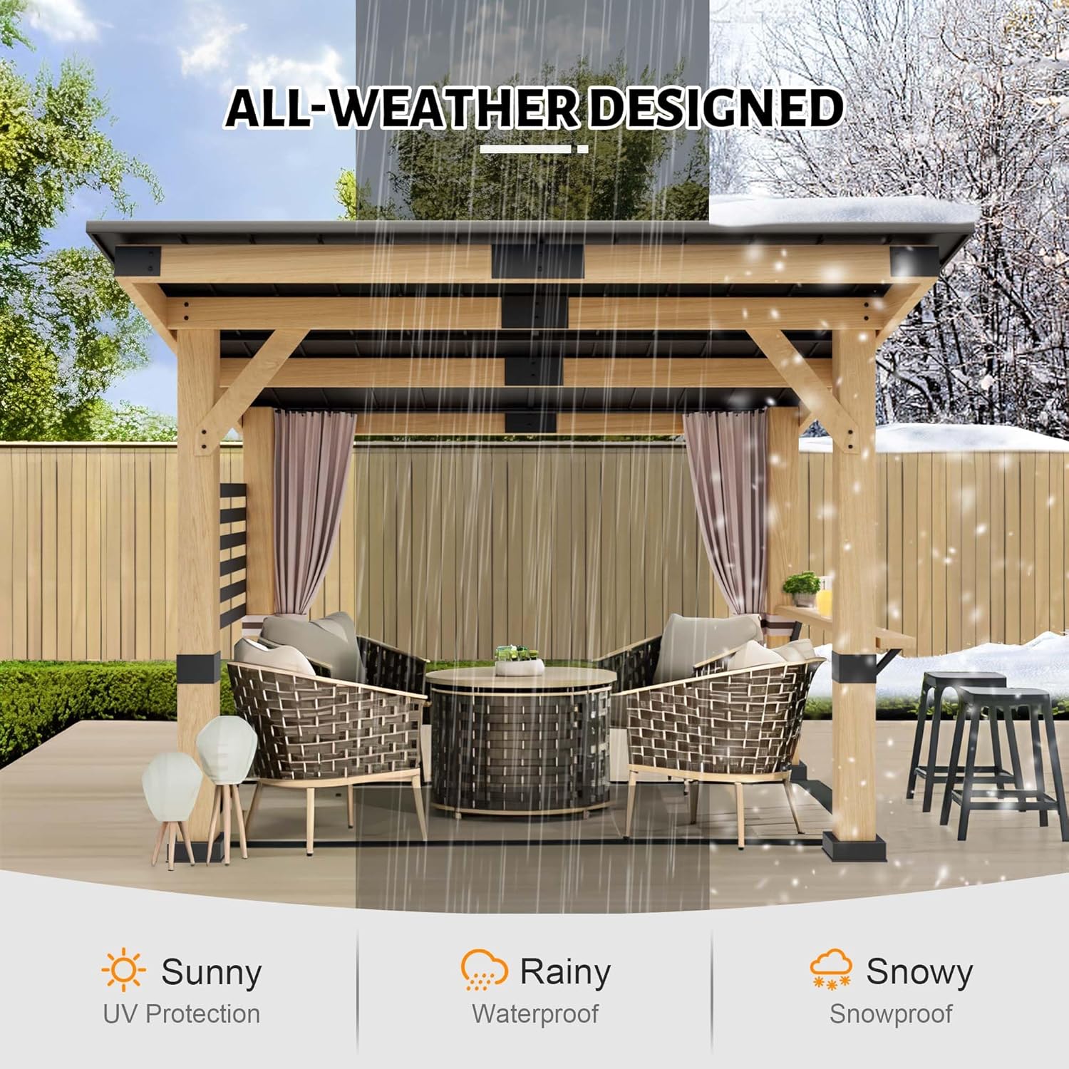 Wood Gazebo 10 x 12 ft with Metal Roof and Curtains W89770