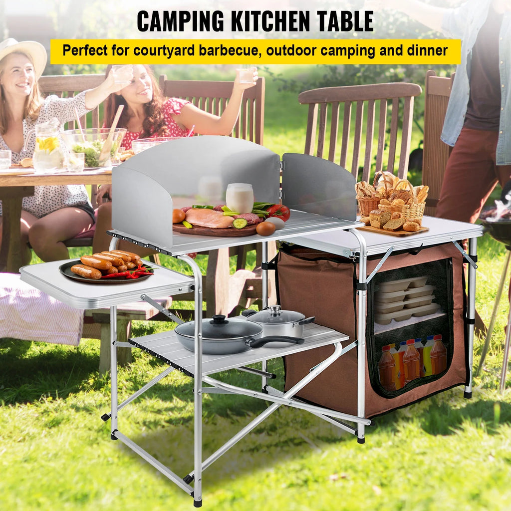 Portable Folding Camp Cook Table with Windshield and Storage Organizer W100369