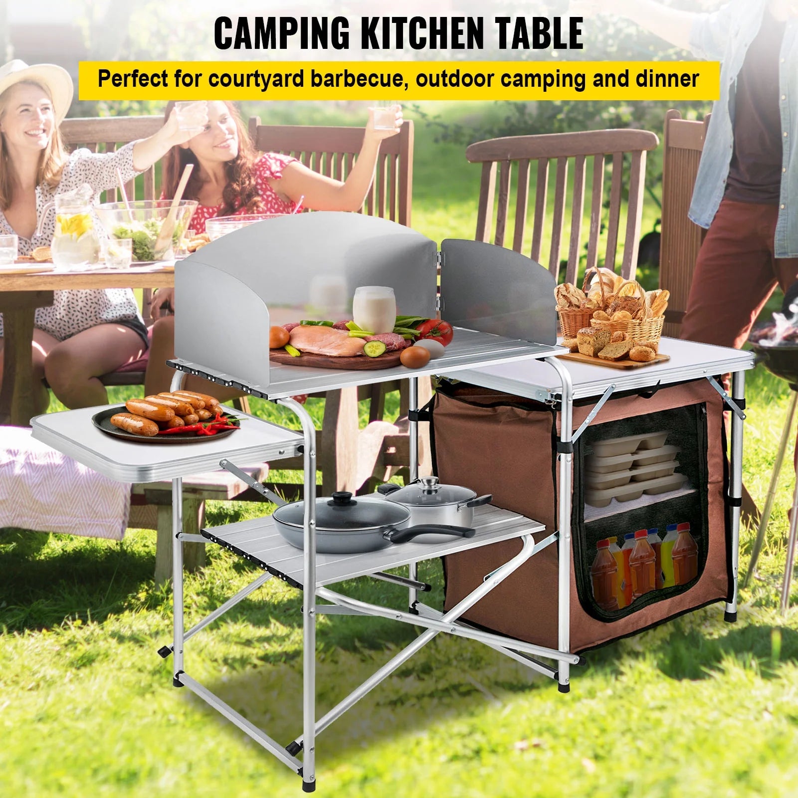 Portable Folding Camp Cook Table with Windshield and Storage Organizer W100369