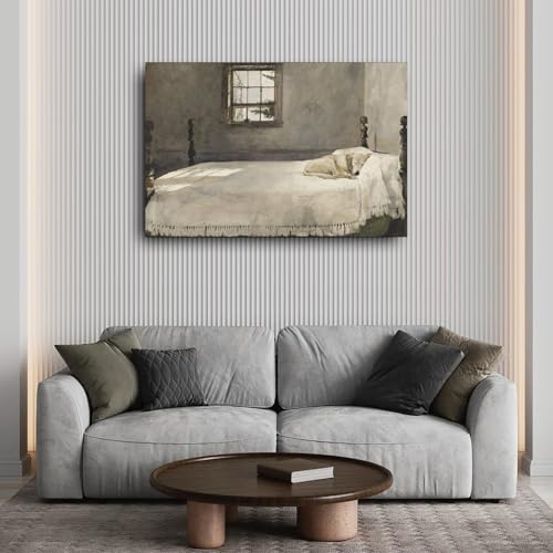 Dog Lying on Bed Vintage Canvas Painting Wall Art Poster 24x16inch Y6680