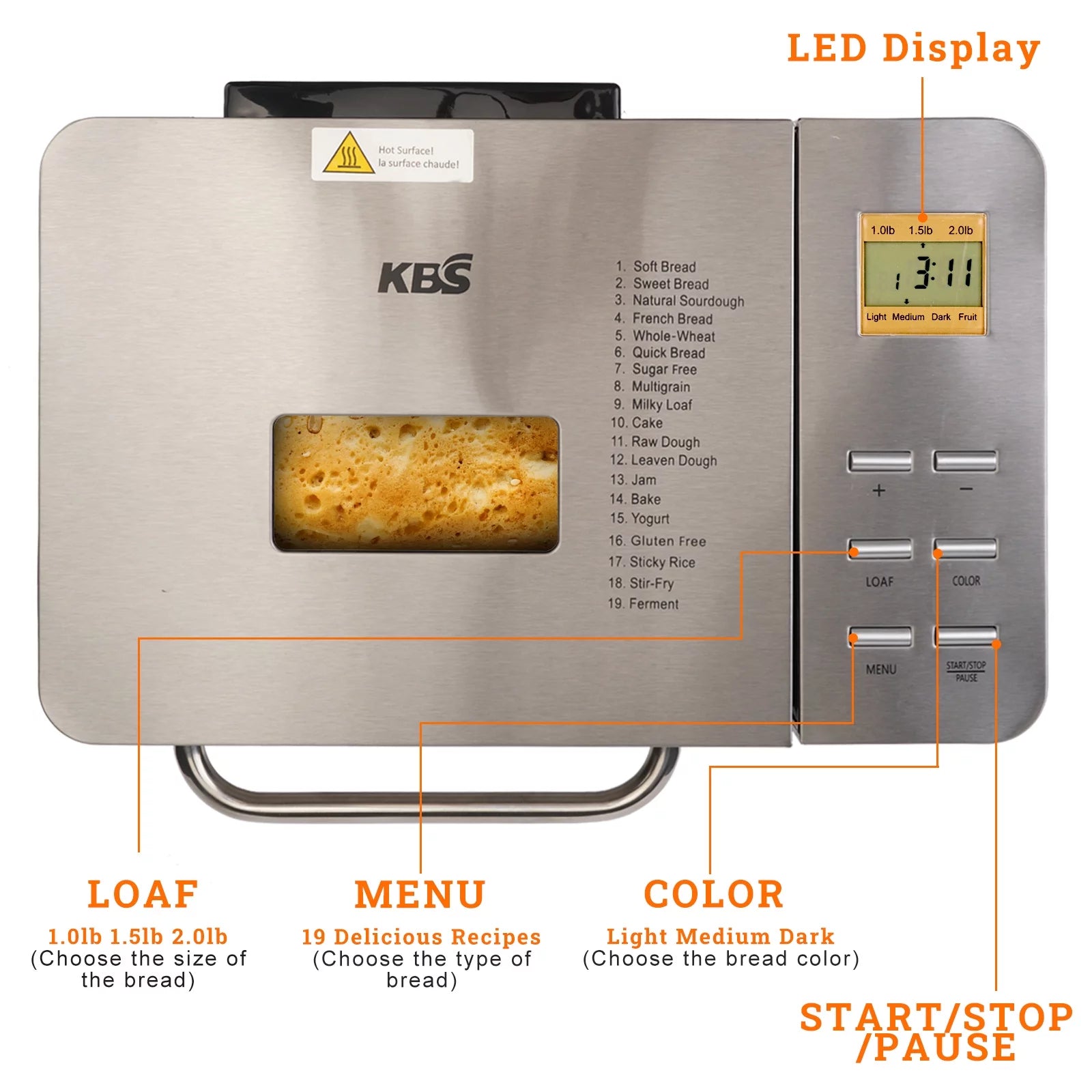 19-in-1 2LB Bread Maker Machine Fully Automatic LCD Display Stainless Steel A733