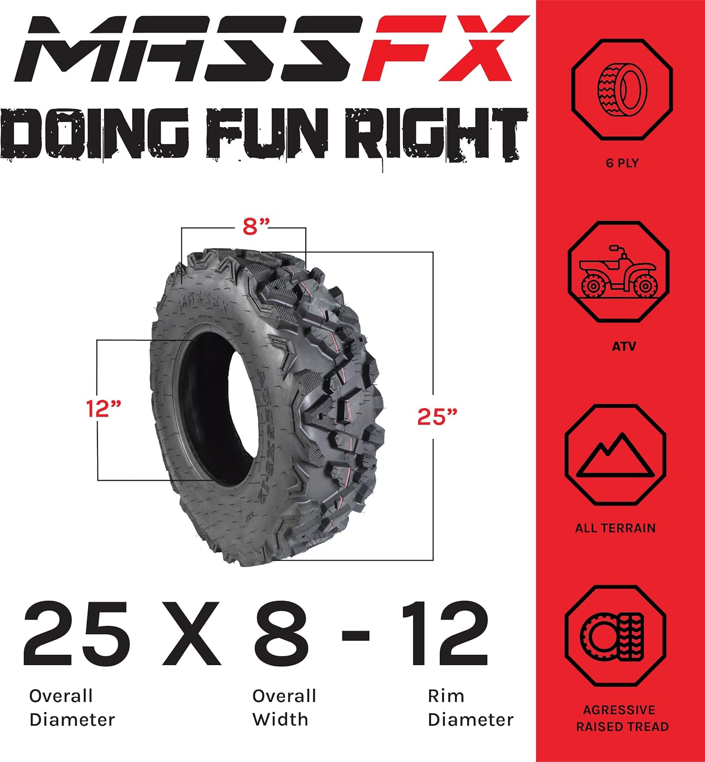 25x8-12 25x10-12 ATV UTV All-Terrain Tire Set 6 Ply Tubeless J457