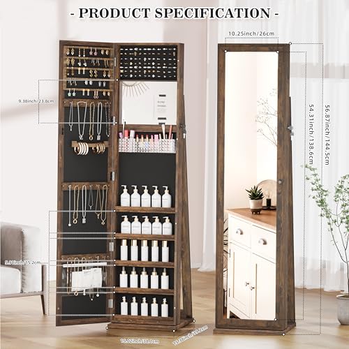 Jewelry Cabinet with Full-Length Mirror and Lockable Storage, Brown T81248