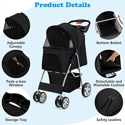 4 Wheels Pet Stroller, Folding Cat Dog Stroller with Storage Basket, Adjustable Canopy, All-Terrain EVA Wheels K1921