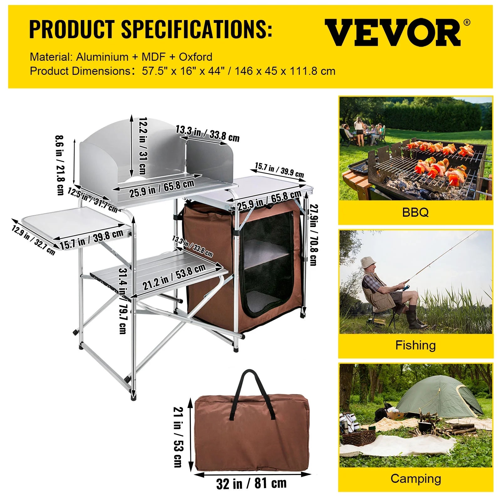 Portable Folding Camp Cook Table with Windshield and Storage Organizer W100369