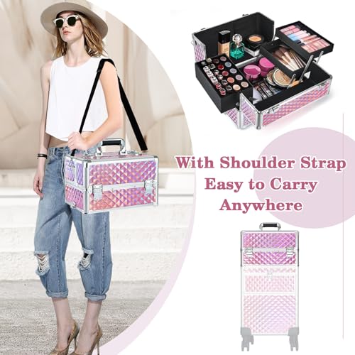 Rolling Makeup Train Case with Swivel Wheels, Large Storage Travel Cart O998