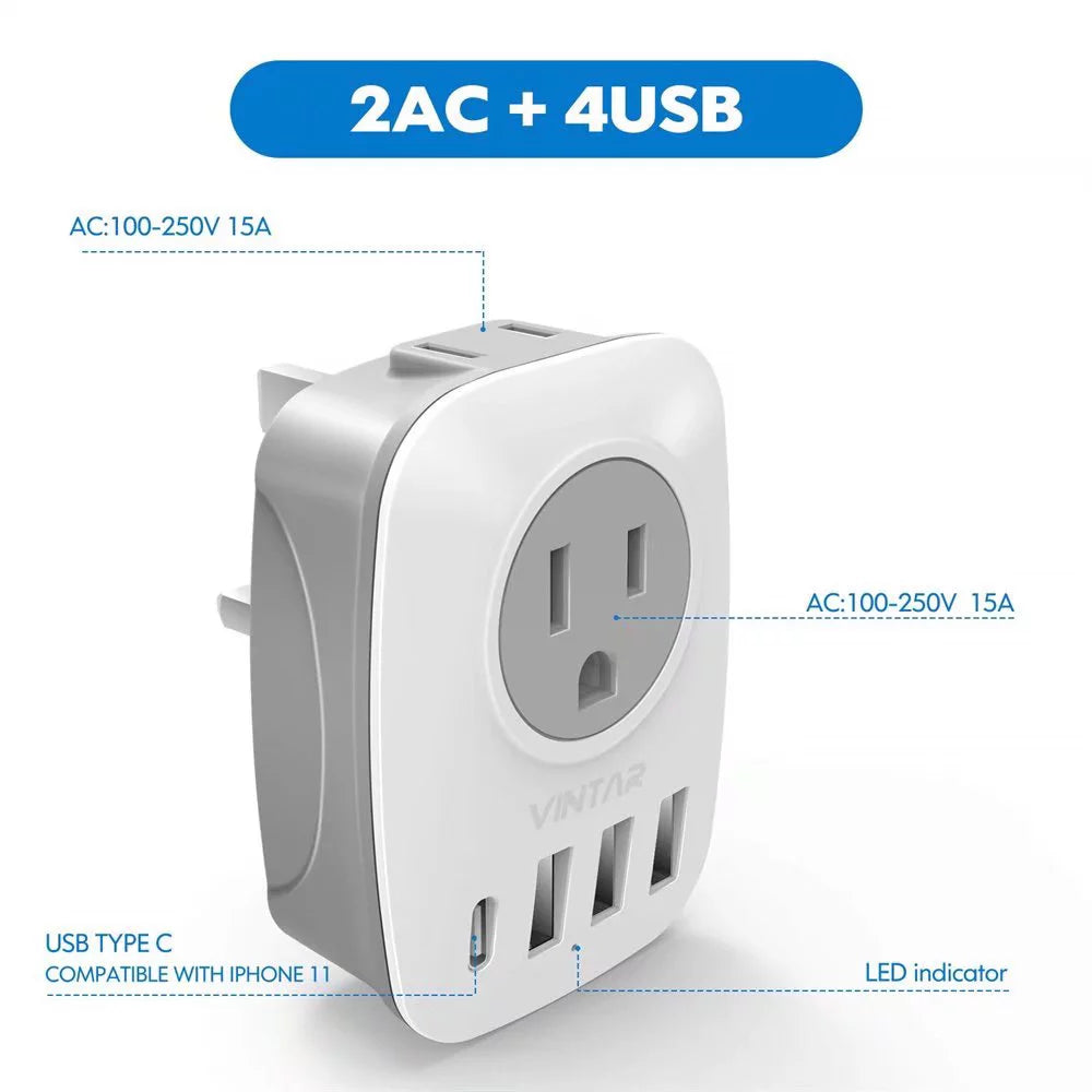 Travel Adapter US to UK, Type G Plug with 4 USB Ports, 2 Pack I616