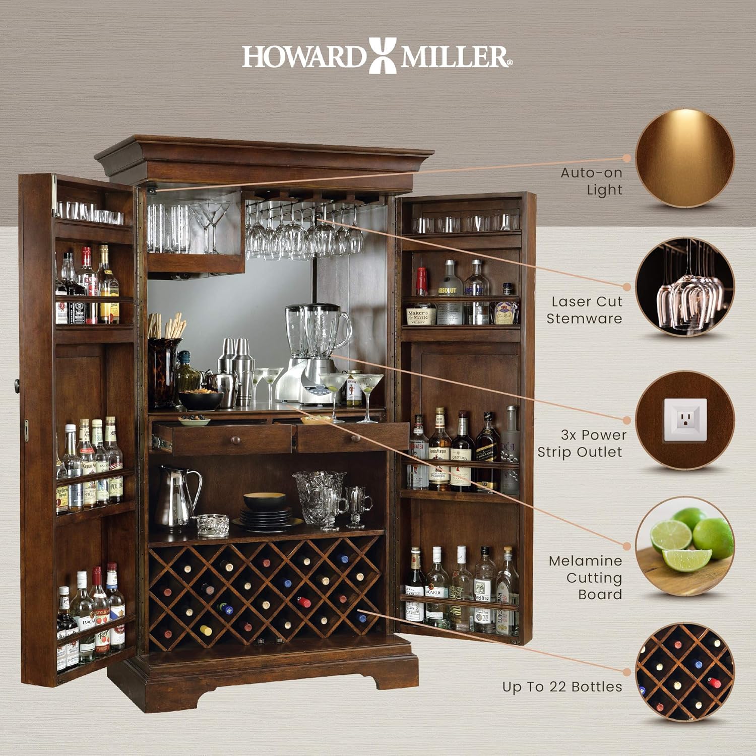 Wine & Bar Cabinet with Stemware Rack, 22 Bottle Storage H257480