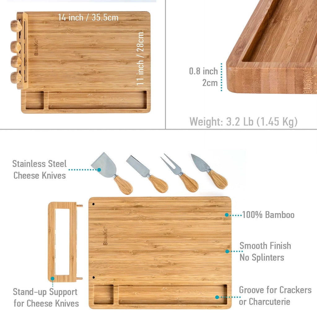 Bamboo Cheese Board and Knife Set 14x11 inch with 4 Cheese Knives W5212