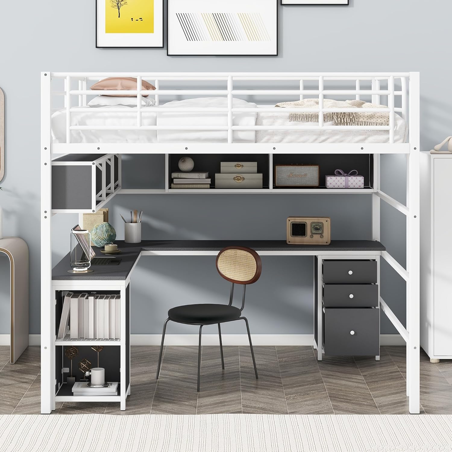 Full Loft Bed with Bookcase, Desk and Cabinet M769