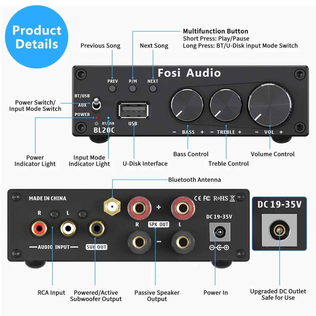 Bluetooth 5.0 Stereo Receiver Amplifier 2.1 CH Mini Hi-Fi Class D Integrated Amp for Home Passive Speakers M281807