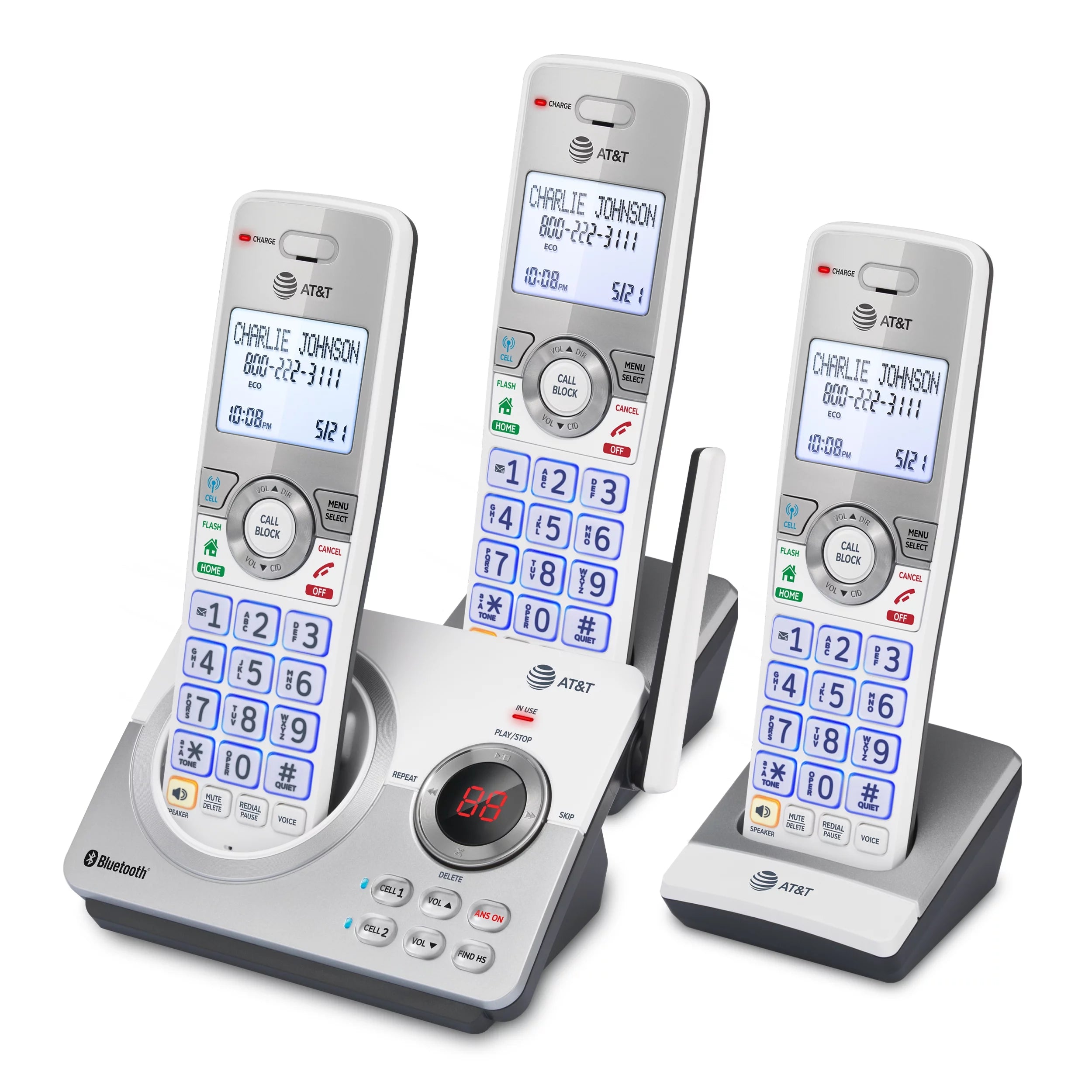Cordless Phone with Bluetooth and Answering System, 3 Handsets (White/Silver) N857520