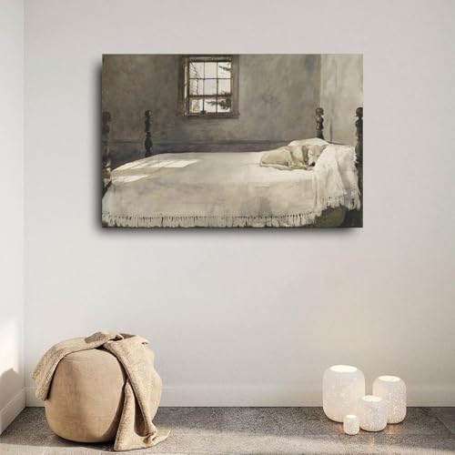Dog Lying on Bed Vintage Canvas Painting Wall Art Poster 24x16inch Y6680
