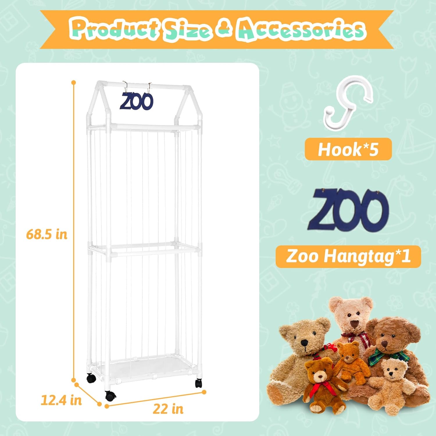 Stuffed Animal Storage Holder with Elastic Net for Bedroom W6939