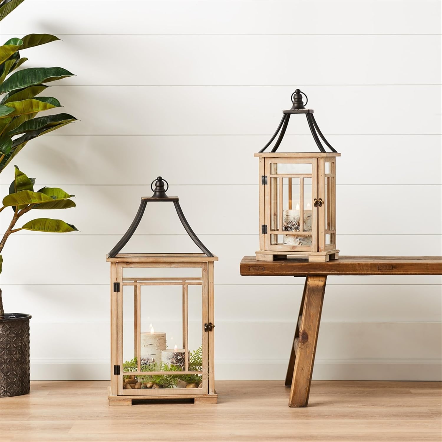 Rustic Wooden Candle Lantern, Set of 2, 23 and 31 Inches X2185