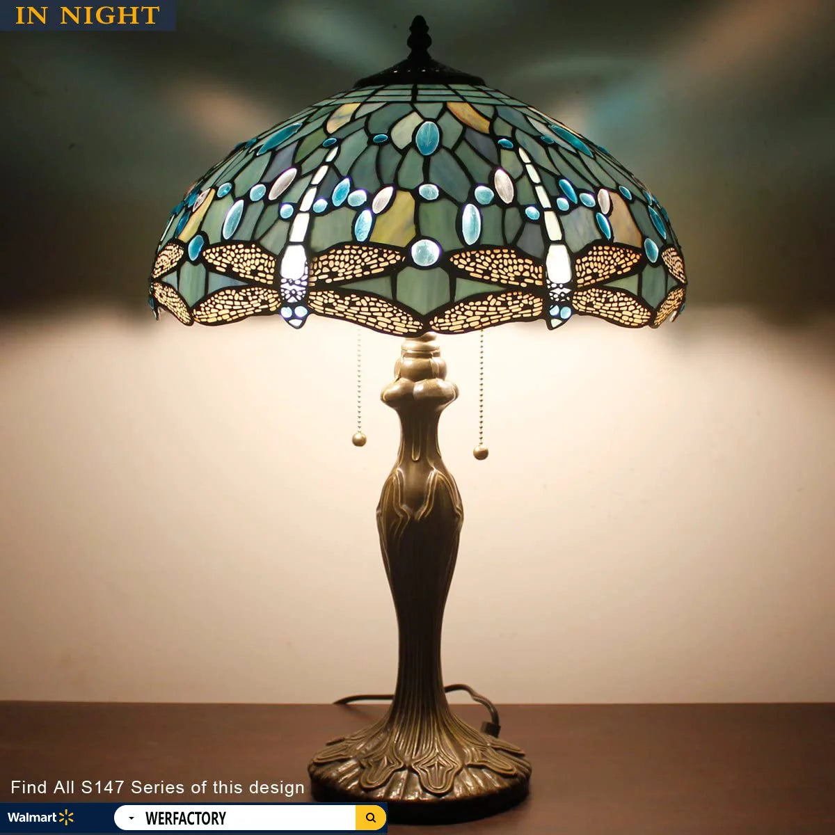 Stained Glass Table Lamp with Metal Base, 24" Tall, Sea Blue Dragonfly Style U808