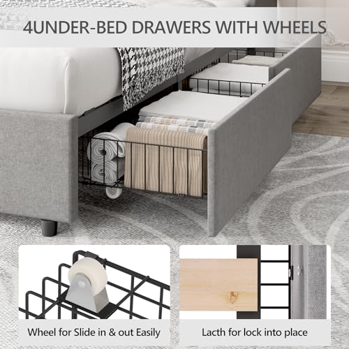 Queen Bed Frame with 4 Storage Drawers, USB Charging Port, Upholstered Wingback Headboard W4165