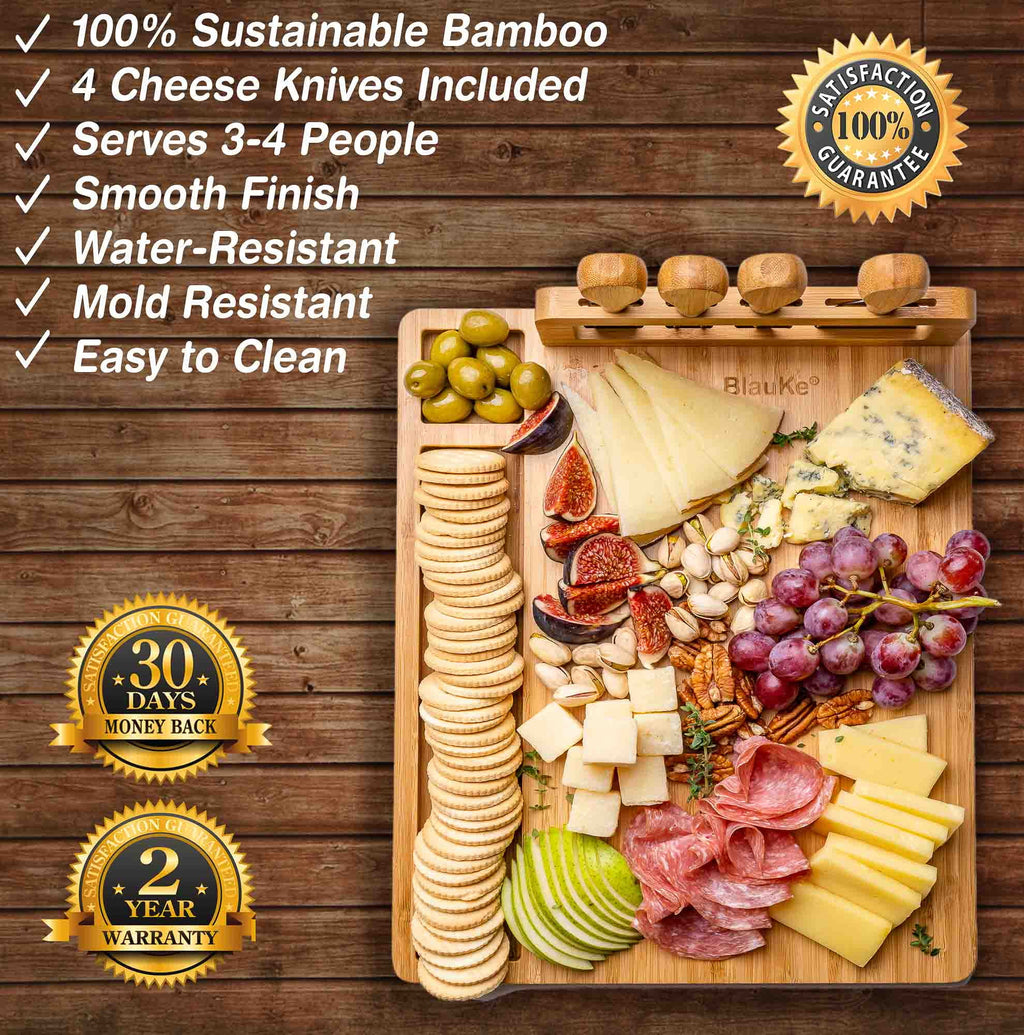 Bamboo Cheese Board and Knife Set 14x11 inch with 4 Cheese Knives W5212