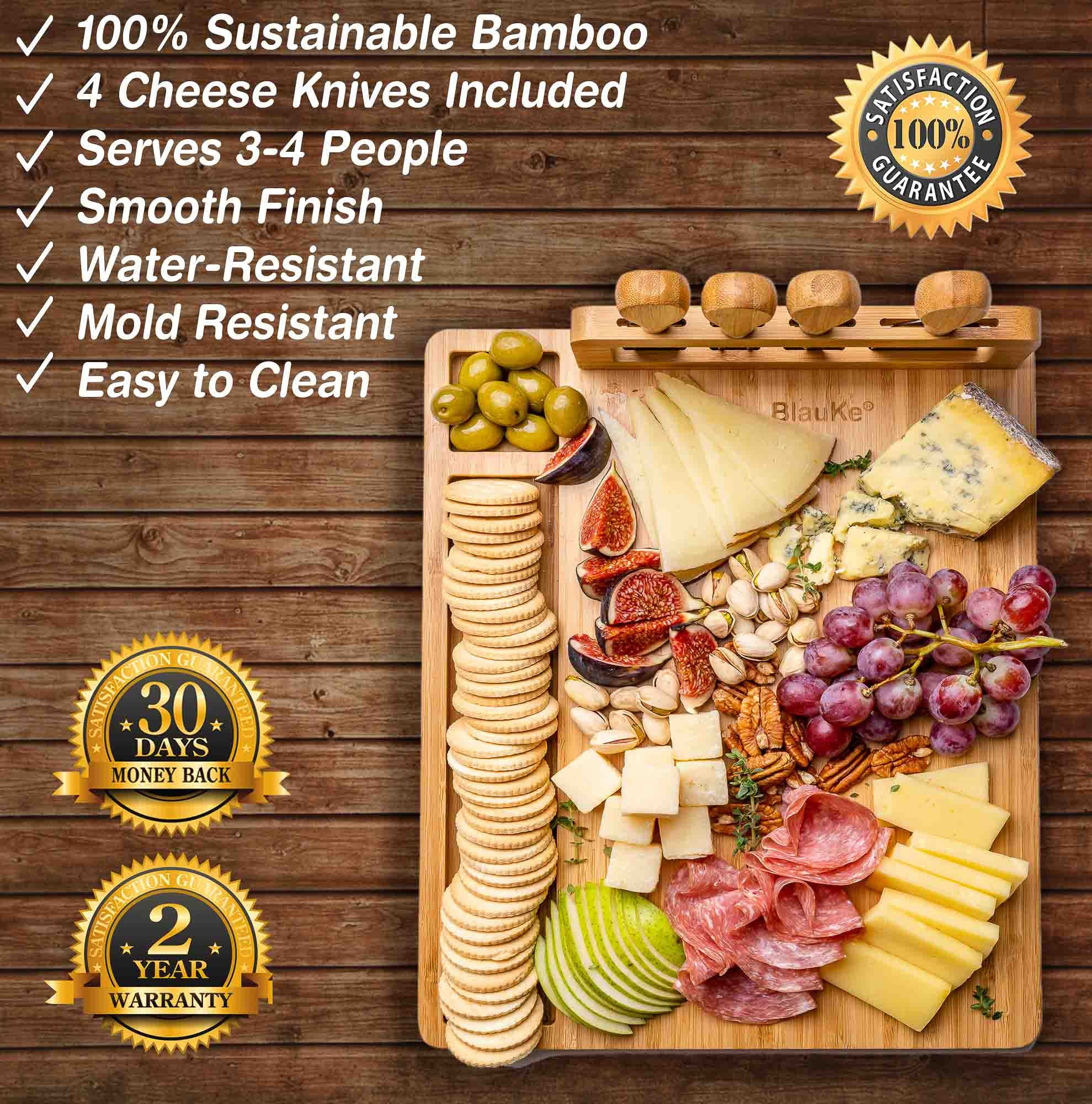 Bamboo Cheese Board and Knife Set 14x11 inch with 4 Cheese Knives W5212