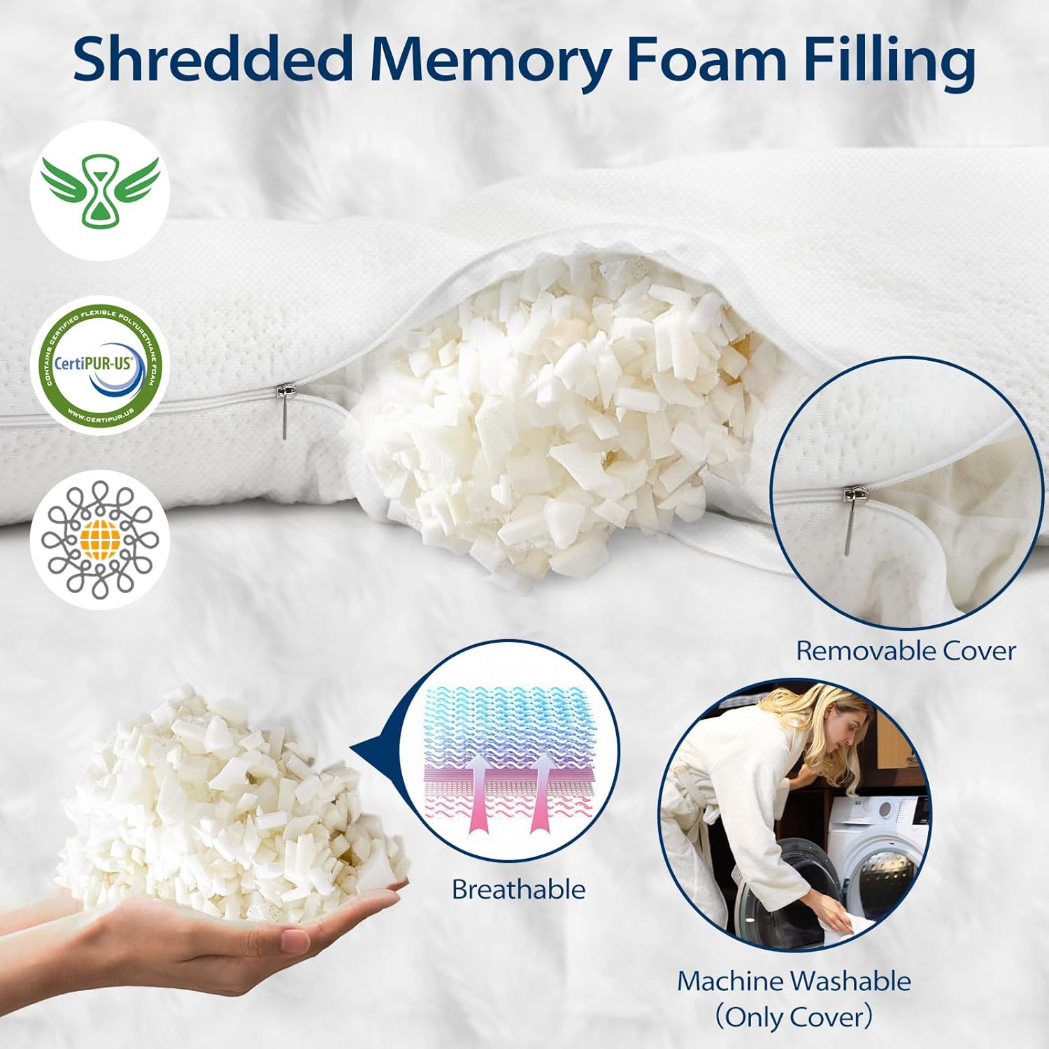 Body Pillow for Adults, Shredded Memory Foam, Side Sleeper with Cover I56568