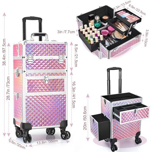 Rolling Makeup Train Case with Swivel Wheels, Large Storage Travel Cart O998