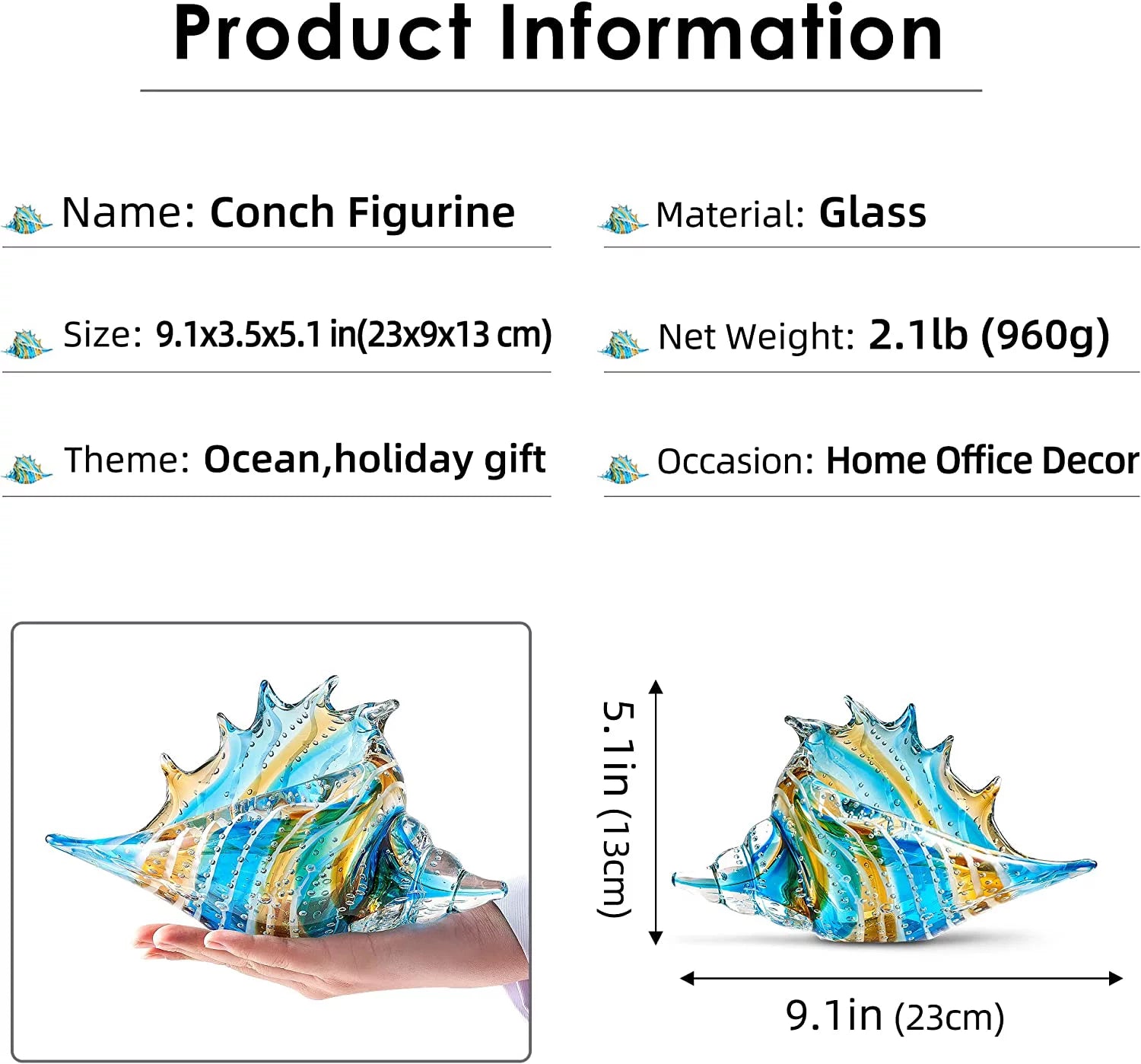Hand Blown Glass Conch Figurine Sea Animal Home Decor R261392