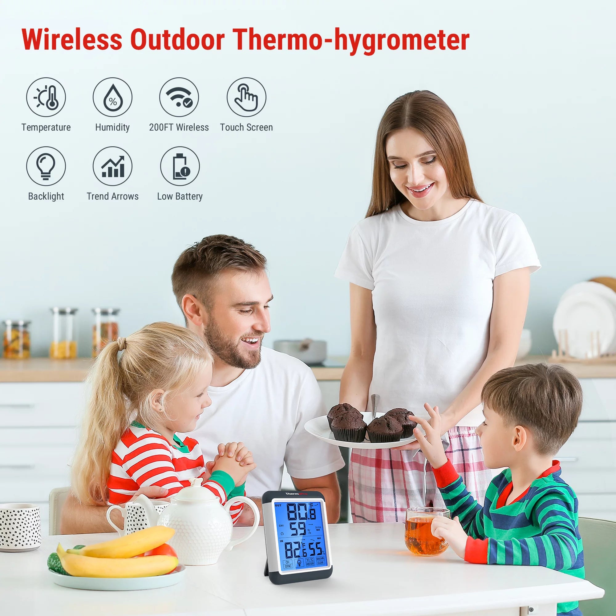 Indoor Outdoor Thermometer Wireless Hygrometer with Touchscreen J874