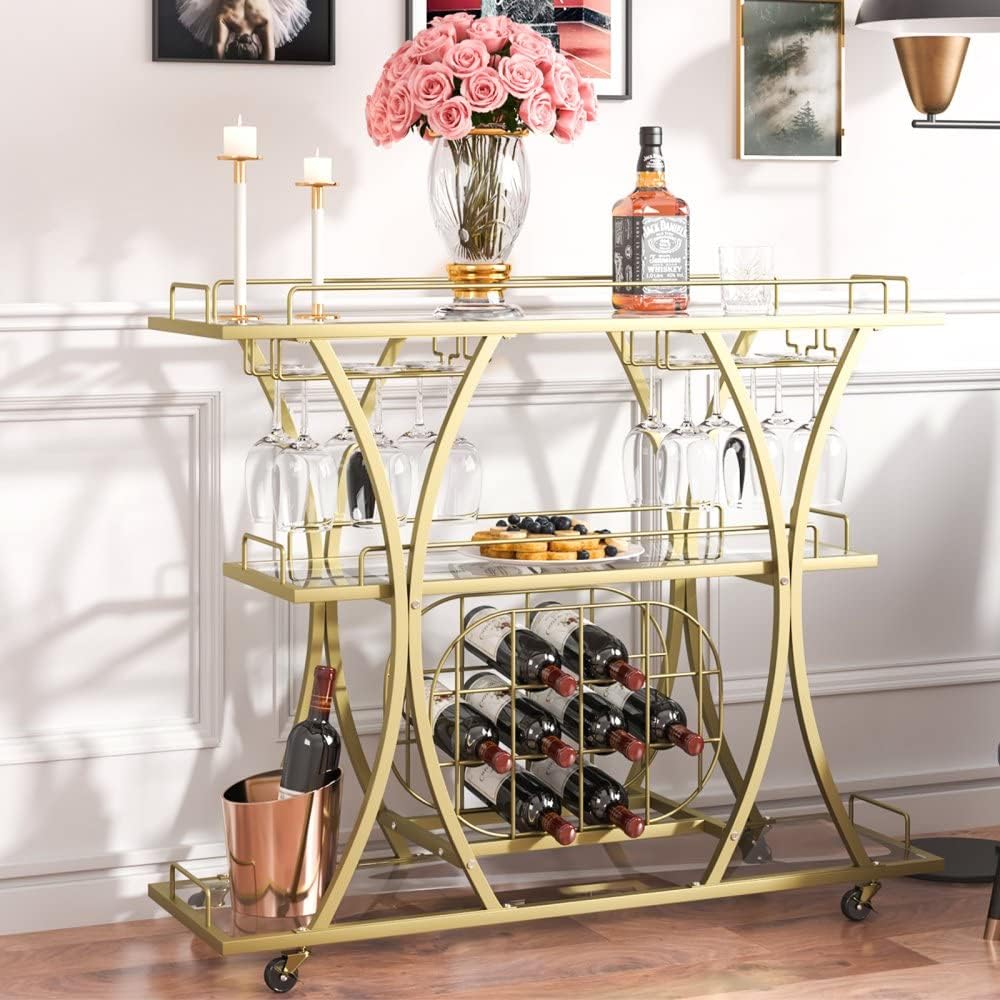 Metal Bar Serving Cart with Wine Rack and Glass Holder, 3 Tiers R942482