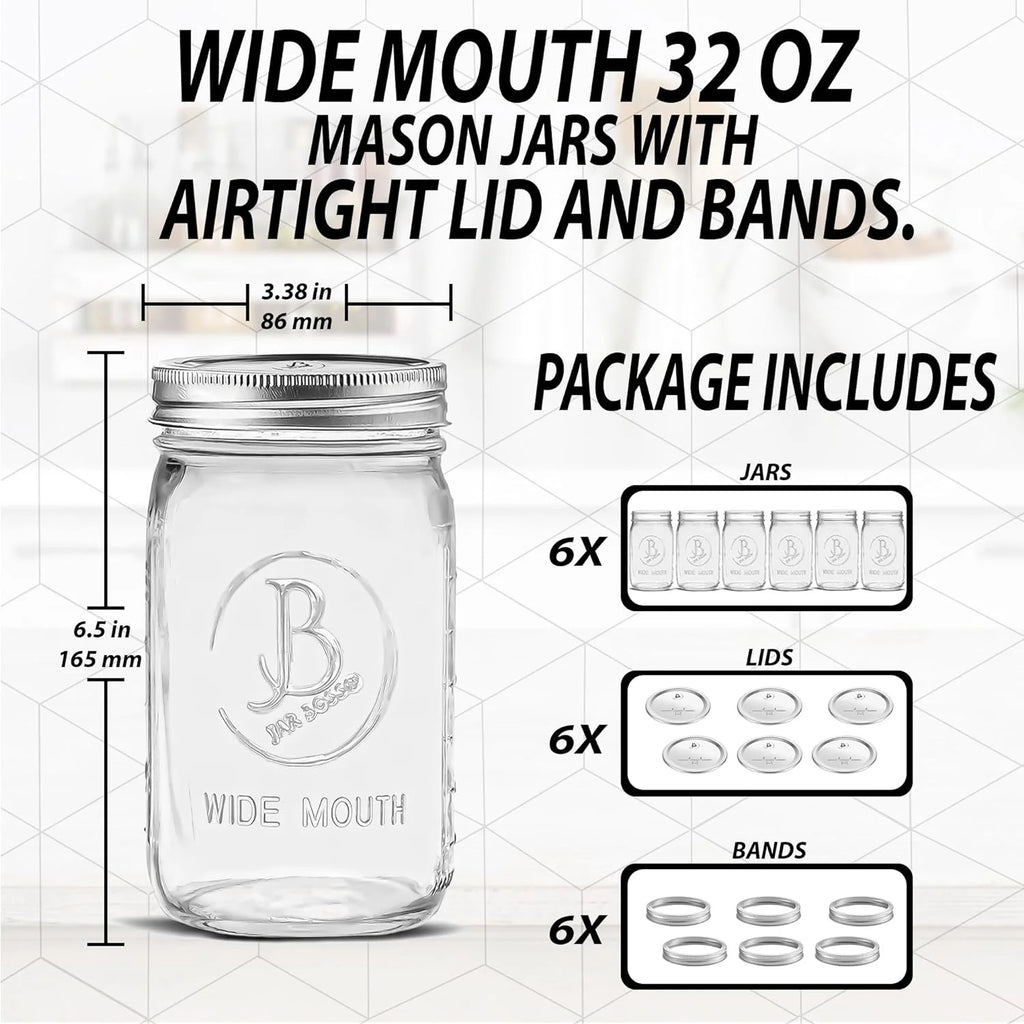 Wide Mouth Mason Jars 32 oz 6 Pack Clear Glass with Airtight Lids P84631